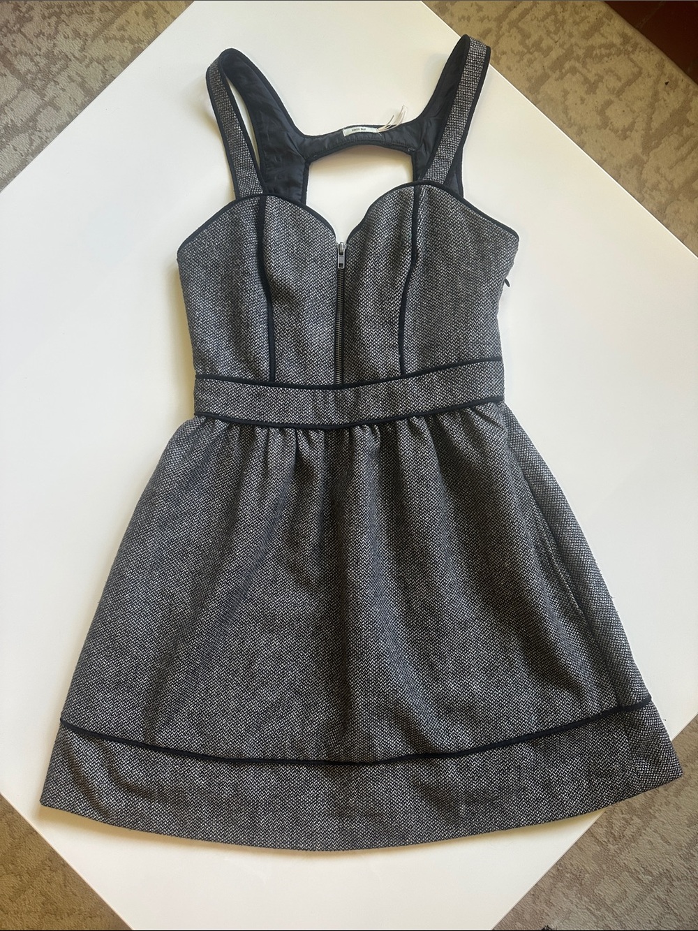 Kimchi Blue Tweed Fit-and-Flare Dress with Black Piping and Metallic Flecks